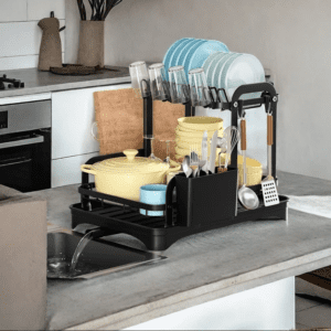 2 επιπέδων ράφι στεγνώματος πιάτων Μαύρο ράφι αποστράγγισης για πάγκο κουζίνας με αποστραγγιστικό ταμπλό Οργανωτής αποθήκευσης που εξοικονομεί χώρο