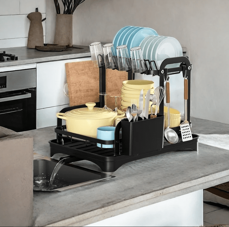 2 επιπέδων ράφι στεγνώματος πιάτων Μαύρο ράφι αποστράγγισης για πάγκο κουζίνας με αποστραγγιστικό ταμπλό Οργανωτής αποθήκευσης που εξοικονομεί χώρο