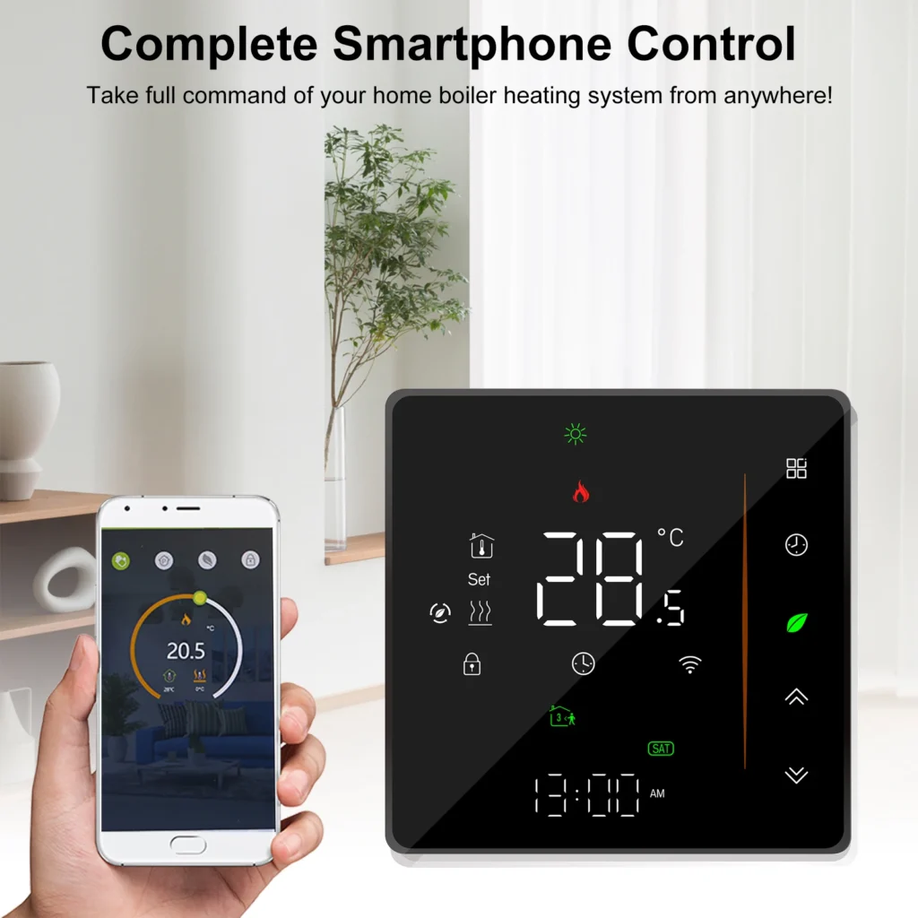 Έξυπνος θερμοστάτης WiFi Tuya με οθόνη LED έγχρωμη για έλεγχο θέρμανσης δαπέδου με νερό, που εμφανίζει την ώρα/ημέρα της εβδομάδας/θερμοκρασία/υγρασία/καιρό